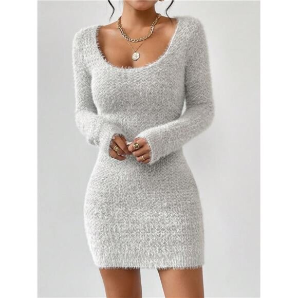 Scoop Neck Fuzzy Sweater Dress - Picture 1 of 7